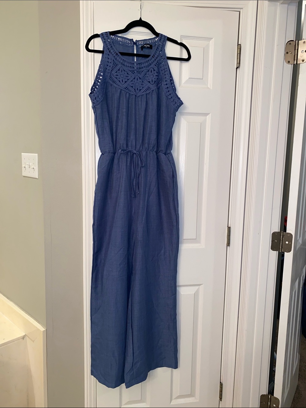 Blue Crochet Yoke Sleeveless Jumpsuit